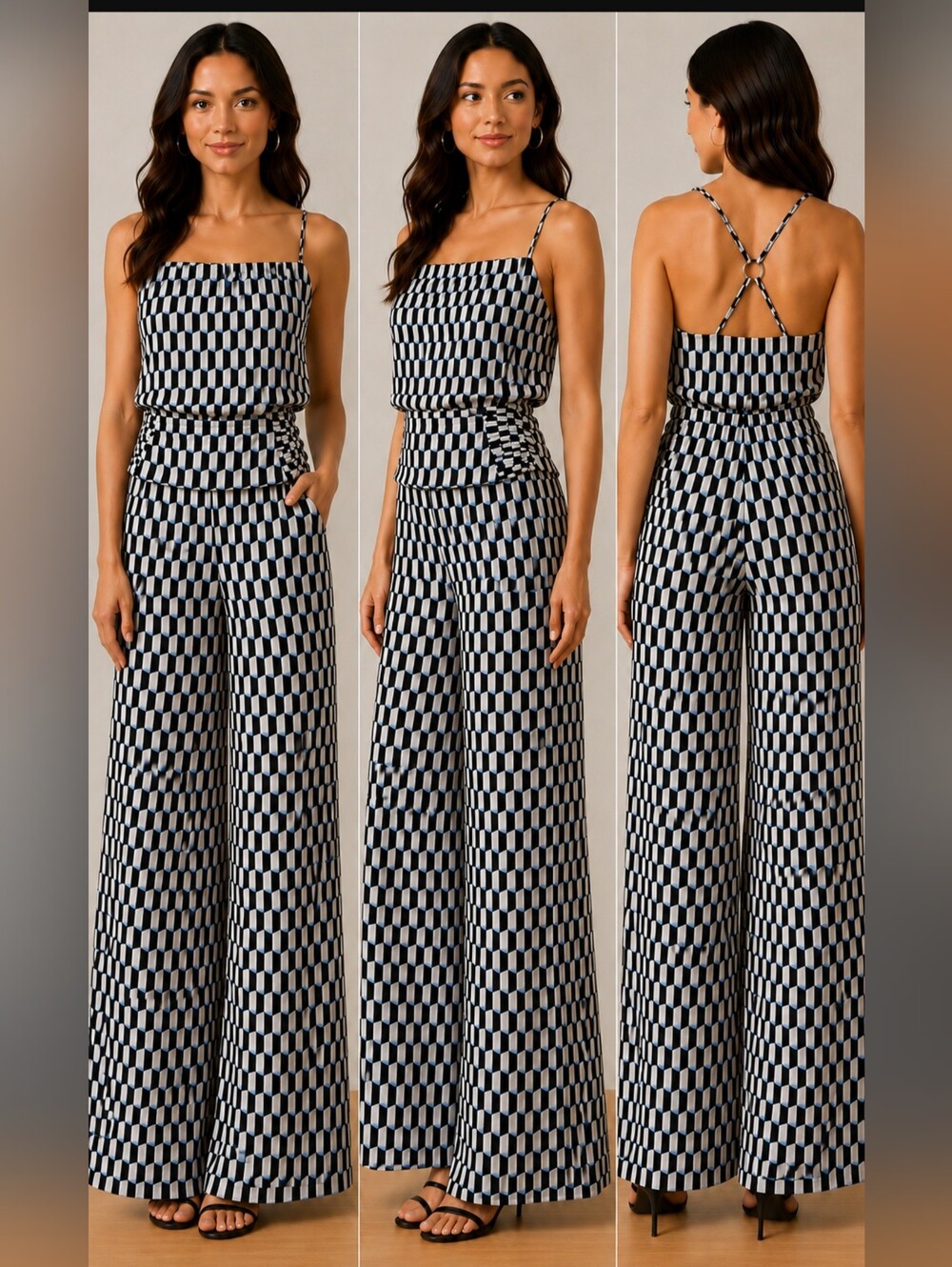 White House Black Market Black, White, Blue Geometric Wide-Leg Jumpsuit Size 12